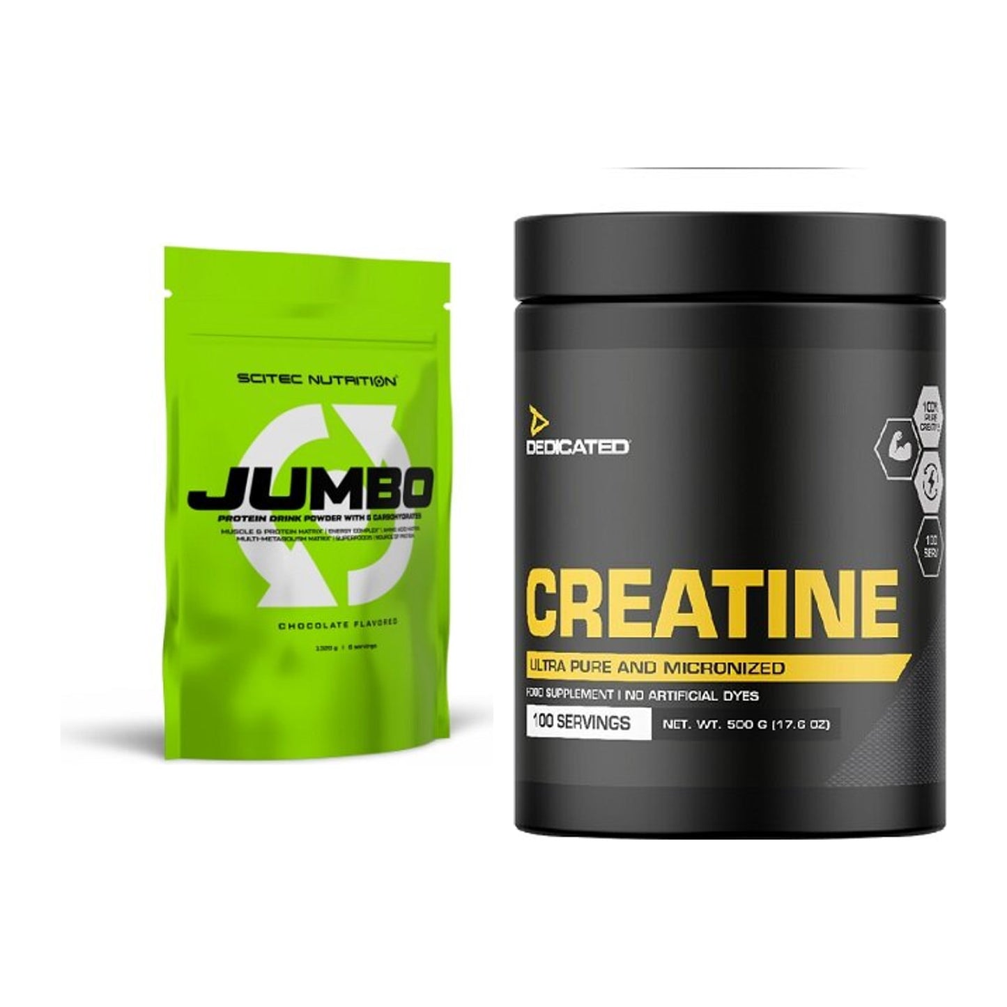 Masseaufbau-Set: Scitec Jumbo 1320g (Erdbeere) + Dedicated Creatine – alle enthaltenen Artikel