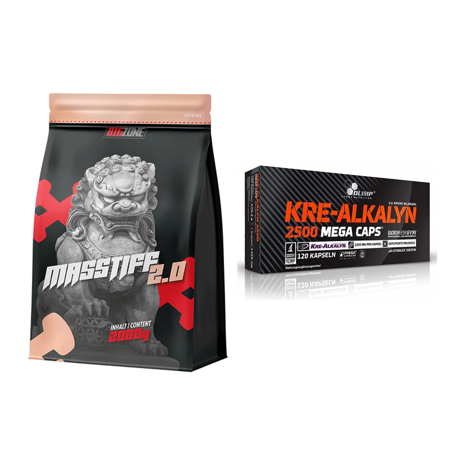 Masseaufbau-Set: Big Zone Masstiff 2.0 + Olimp Kre Alkalyn 2500 – alle enthaltenen Artikel