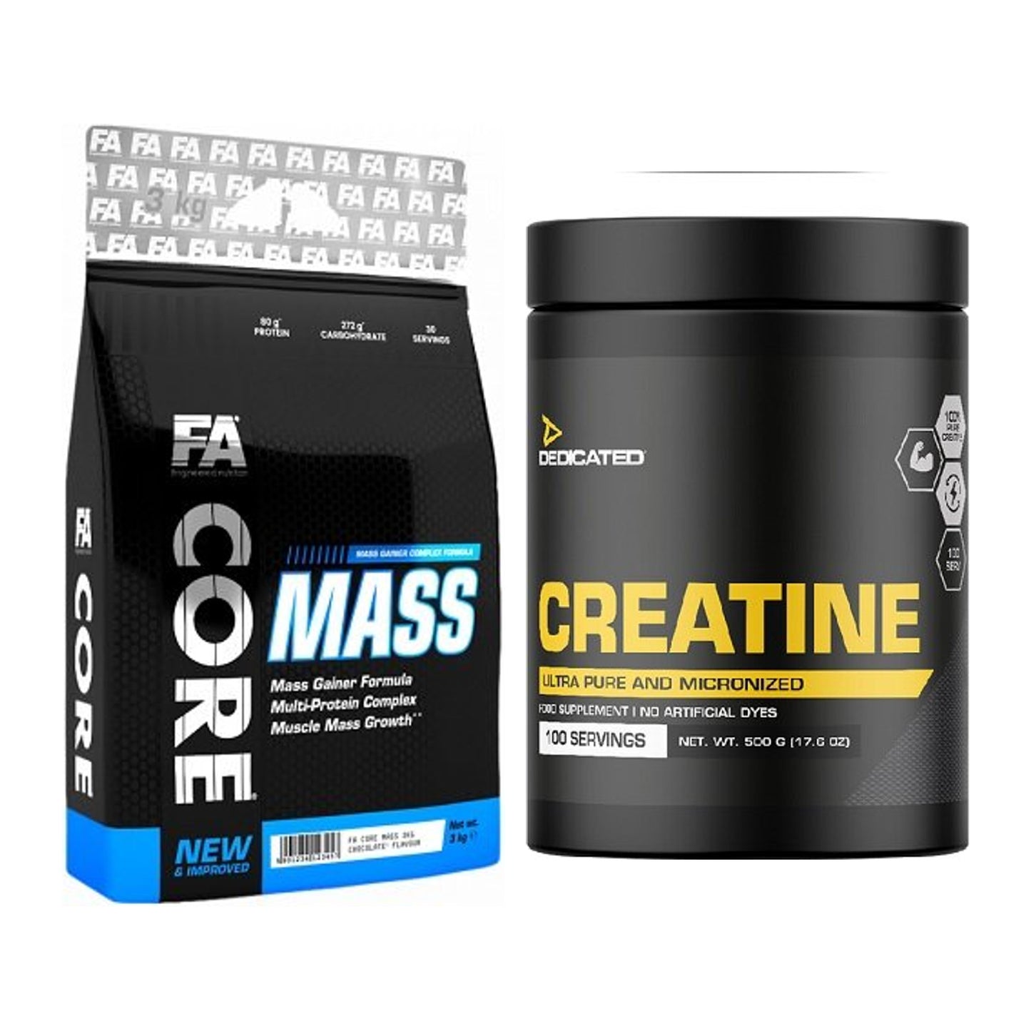 Masseaufbau-Set: FA Nutrition Core Mass 3000g + Dedicated Creatine – alle enthaltenen Artikel