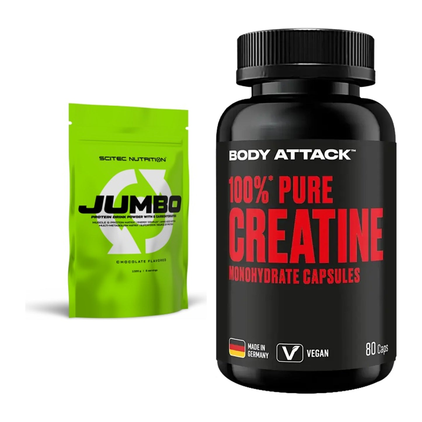 Masseaufbau-Set: Scitec Jumbo + Body Attack 100% Pure Creatine – alle enthaltenen Artikel