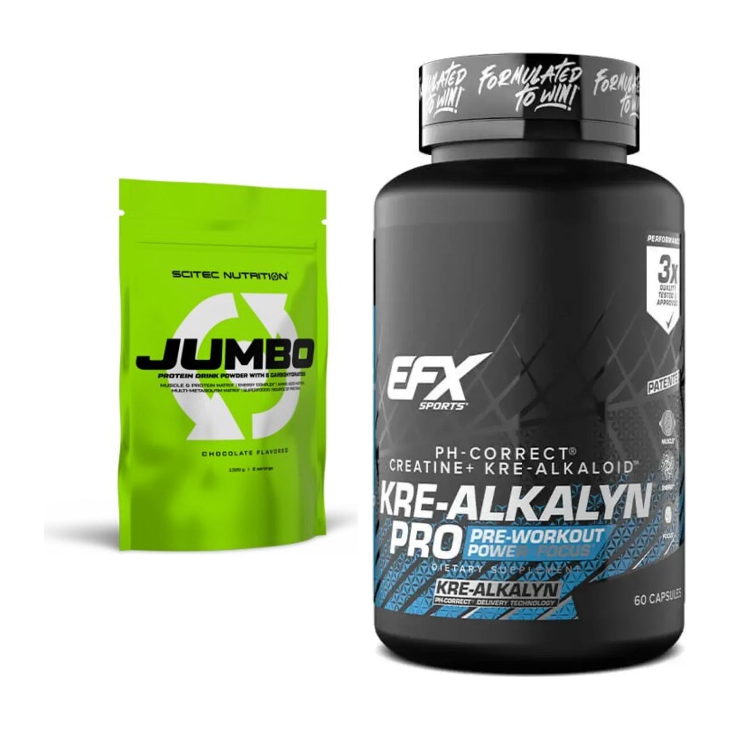 Masseaufbau-Set: Scitec Jumbo 1320g (Erdbeere) + EFX Kre-Alkalyn PRO – alle enthaltenen Artikel