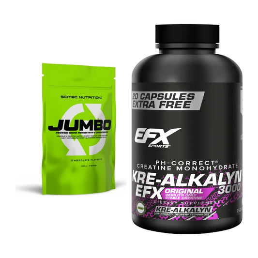 Masseaufbau-Set: Scitec Jumbo 1320g (Erdbeere) + EFX Kre-Alkalyn 3000 – alle enthaltenen Artikel