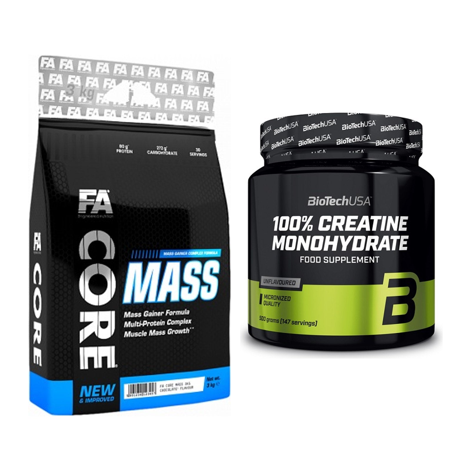 Masseaufbau-Set: FA Nutrition Core Mass + BioTech Creatine Monohydrate – alle enthaltenen Artikel