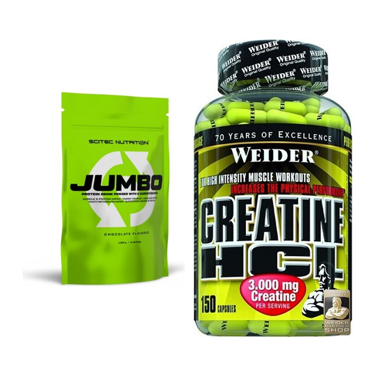 Masseaufbau-Set: Scitec Jumbo 1320g (Erdbeere) + Weider Creatin HCL – alle enthaltenen Artikel