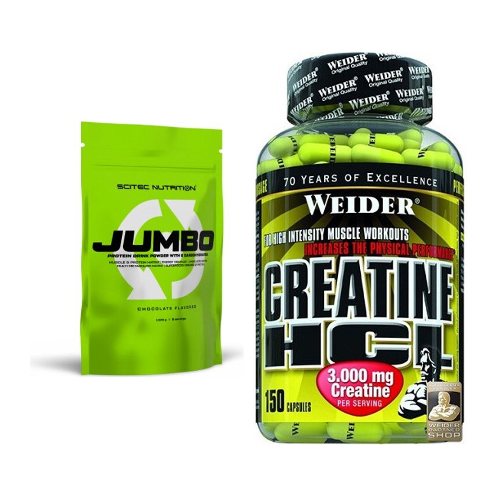 Masseaufbau-Set: Scitec Jumbo 1320g (Erdbeere) + Weider Creatin HCL – alle enthaltenen Artikel