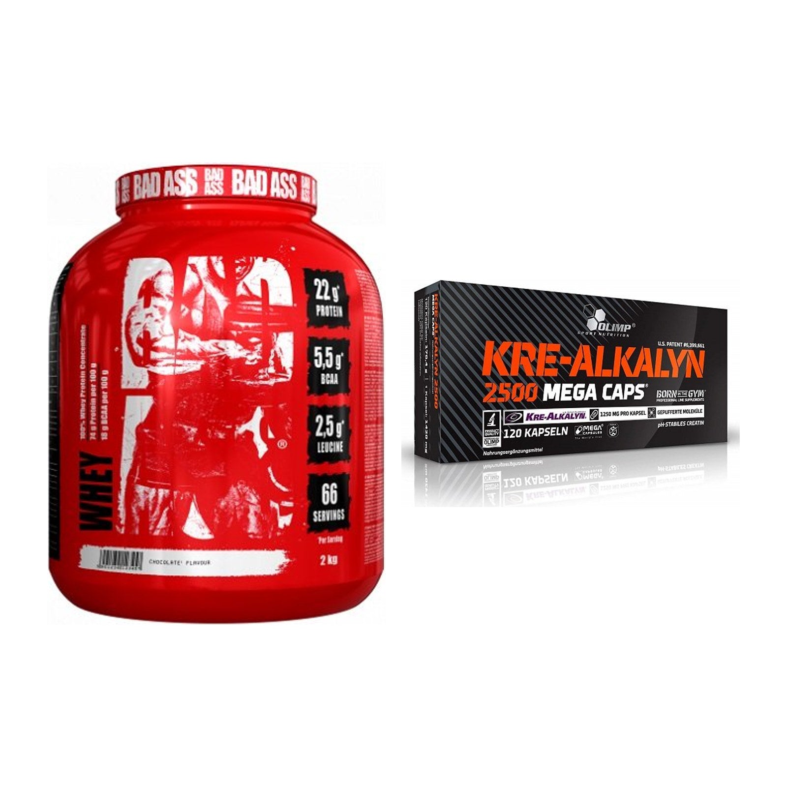 Masseaufbau-Set: BAD ASS Whey + Olimp Kre Alkalyn 2500 – alle enthaltenen Artikel