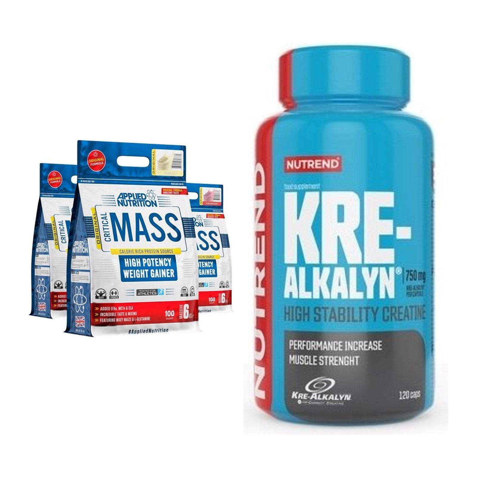 Masseaufbau-Set: Applied Nutrition Critical Mass + Nutrend Kre-Alkalyn – alle enthaltenen Artikel