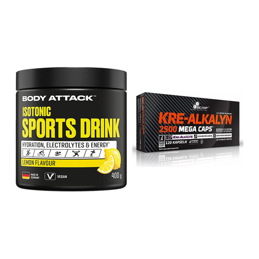 Комплект за изграждане на маса: Body Attack Isotonic + Olimp Kre Alkalyn 2500 - всички артикули са включени