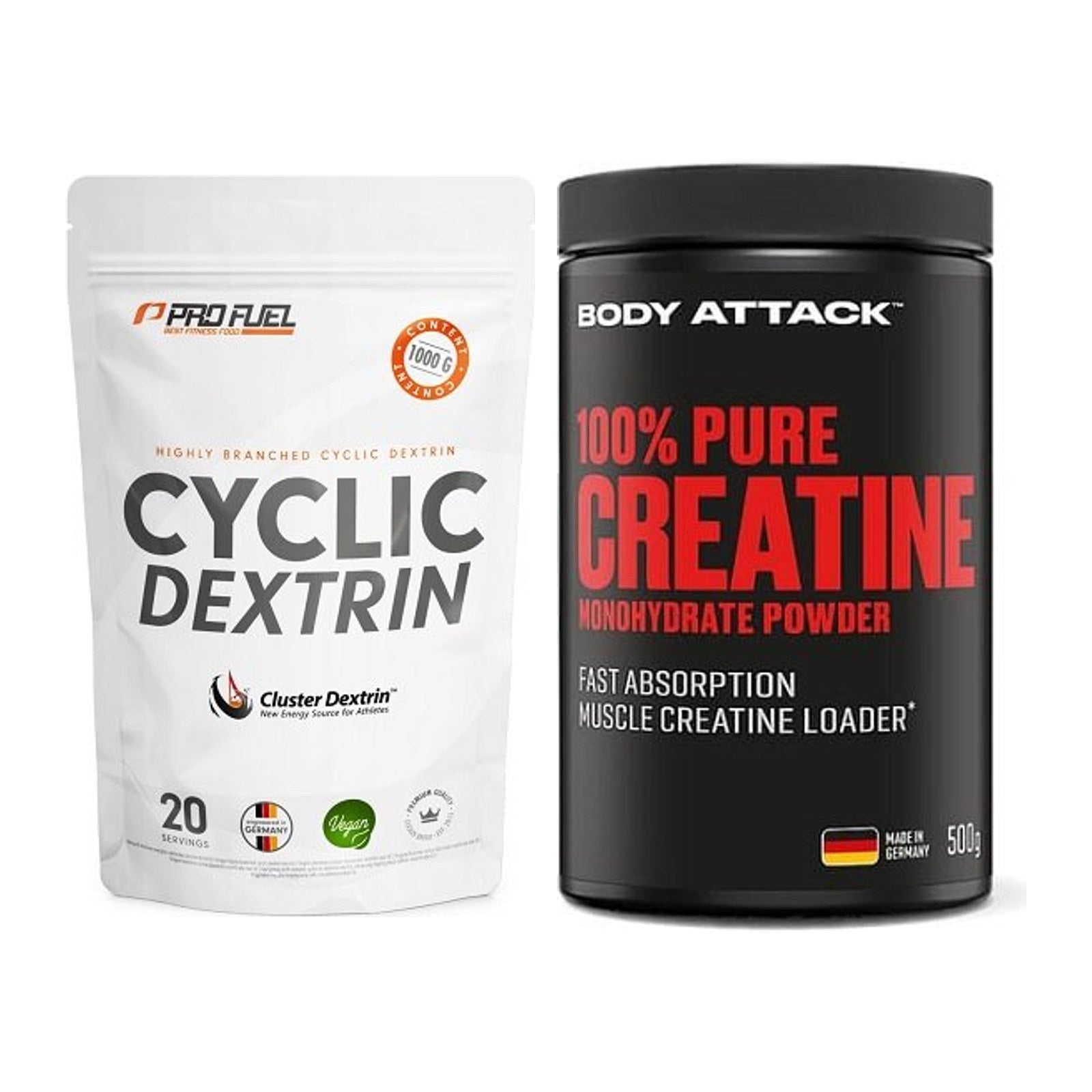 Masseaufbau-Set: ProFuel Cyclic Dextrin + Body Attack 100% Pure – alle enthaltenen Artikel