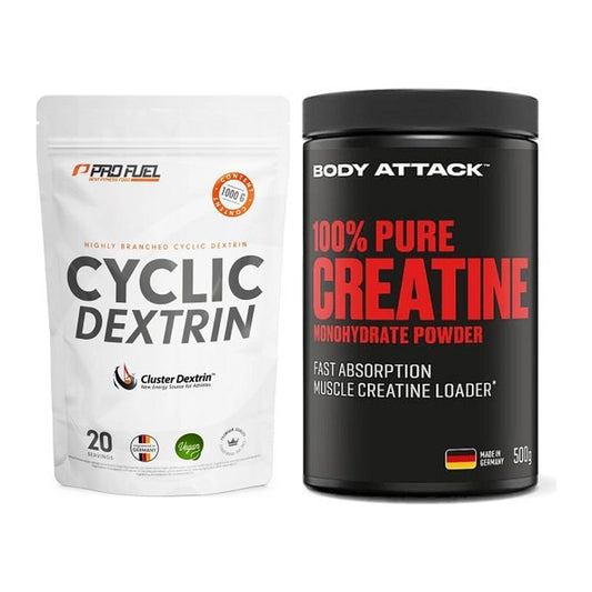 Conjunto de construção em massa: Dextrina cíclica ProFuel + Body Attack 100% Pure - todos os artigos incluídos
