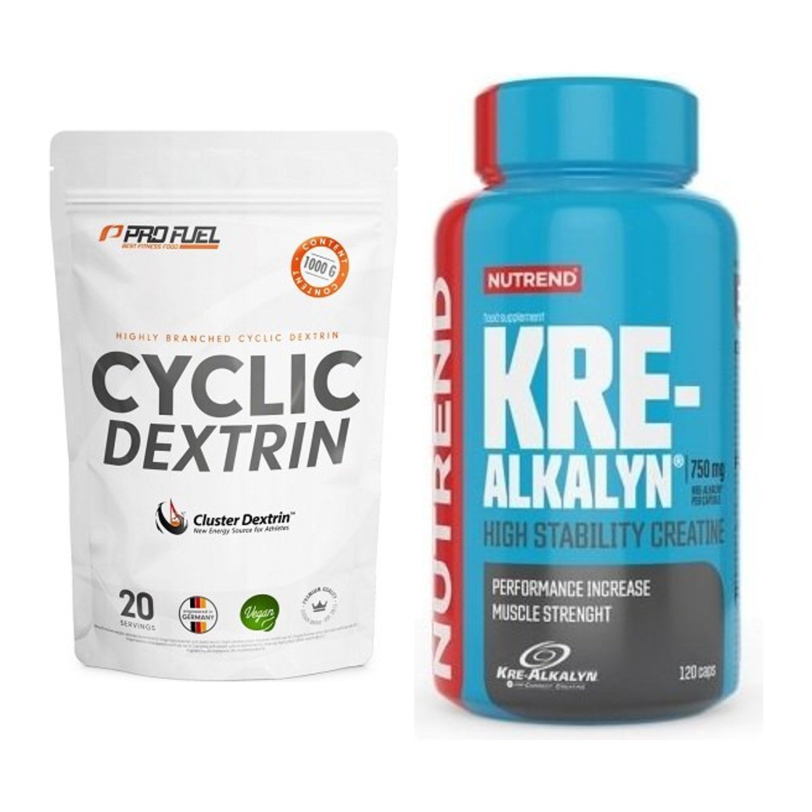 Masseaufbau-Set: ProFuel Cyclic Dextrin Cluster + Nutrend Kre-Alkalyn – alle enthaltenen Artikel