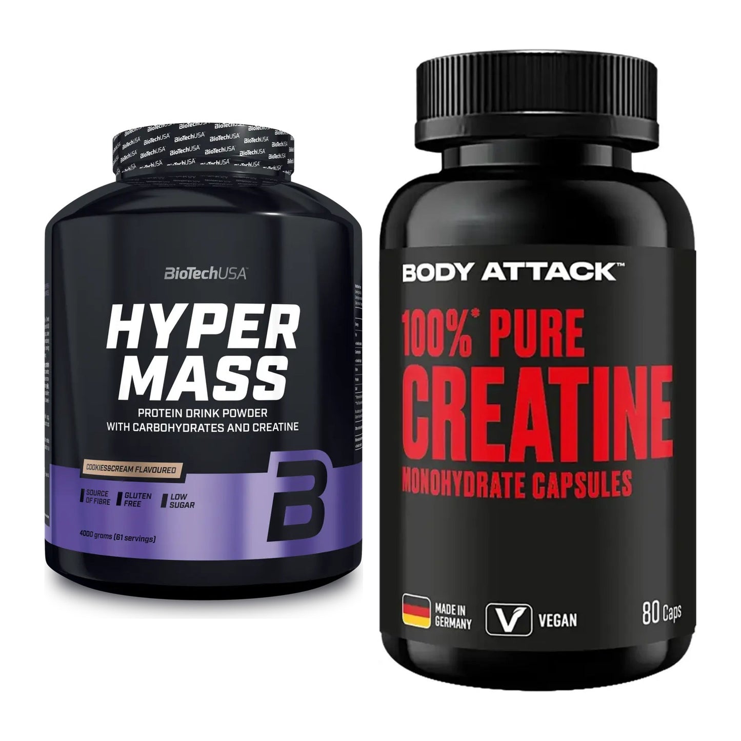 Masseaufbau-Set: BioTech Hyper Mass + Body Attack 100% Pure Creatine – alle enthaltenen Artikel