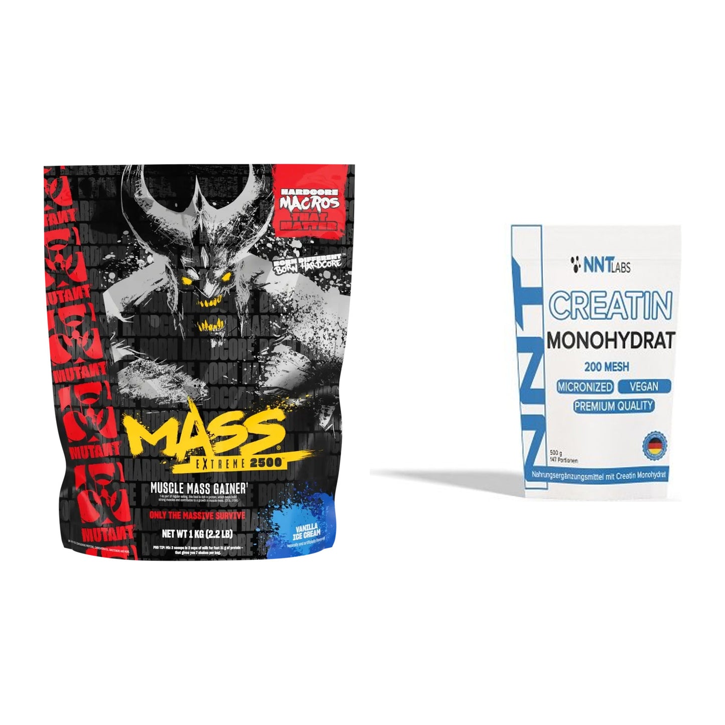 Masseaufbau-Set: Mutant Mass EXTREME 2500 + NNT Creatin Monohydrat – alle enthaltenen Artikel
