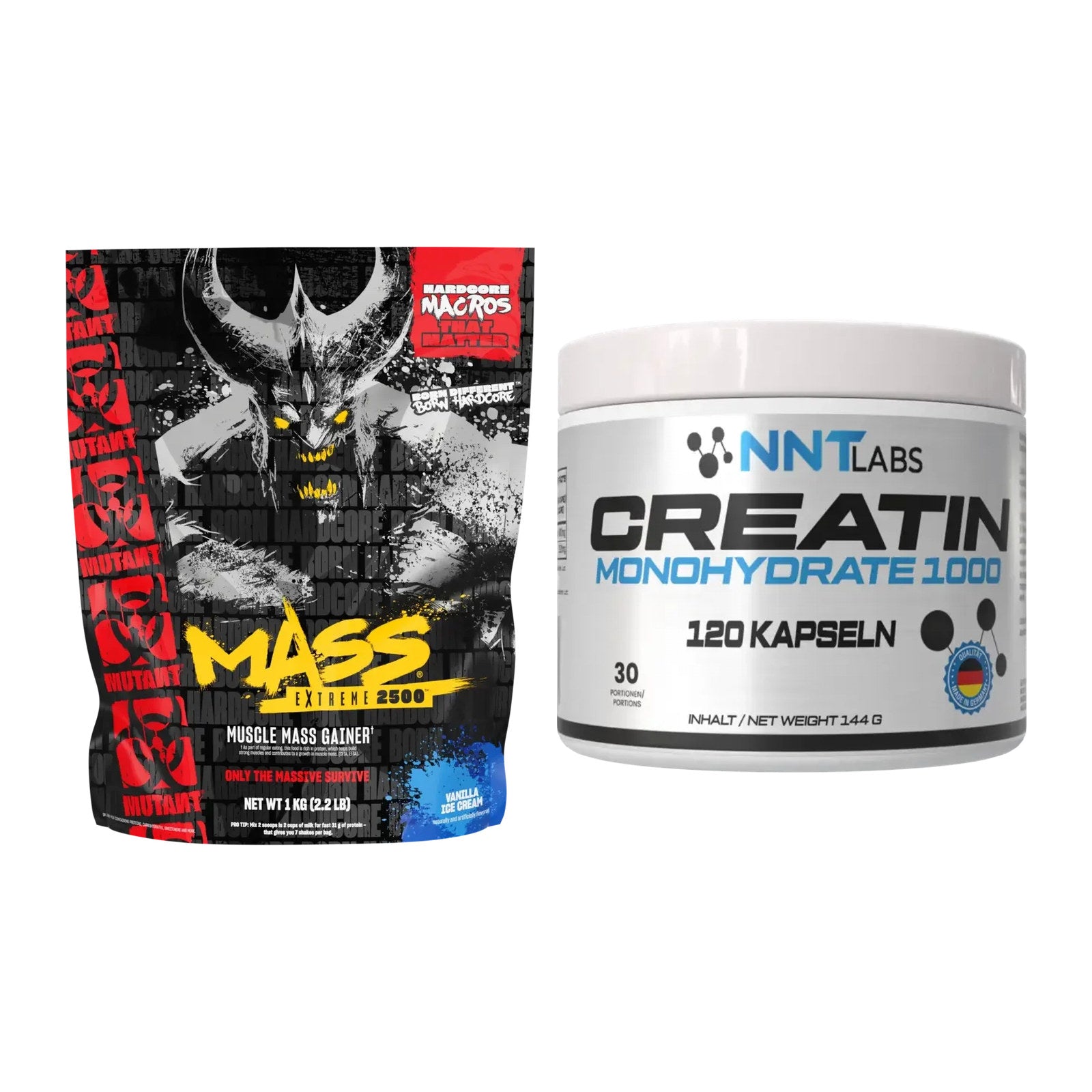 Masseaufbau-Set: Mutant Mass EXTREME 2500 + NNT Creatin 1000 mg – alle enthaltenen Artikel