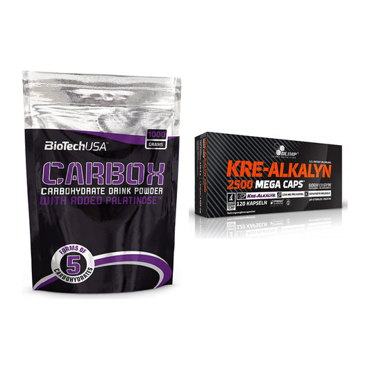 Masseaufbau-Set: BioTech CarboX + Olimp Kre Alkalyn 2500 – alle enthaltenen Artikel