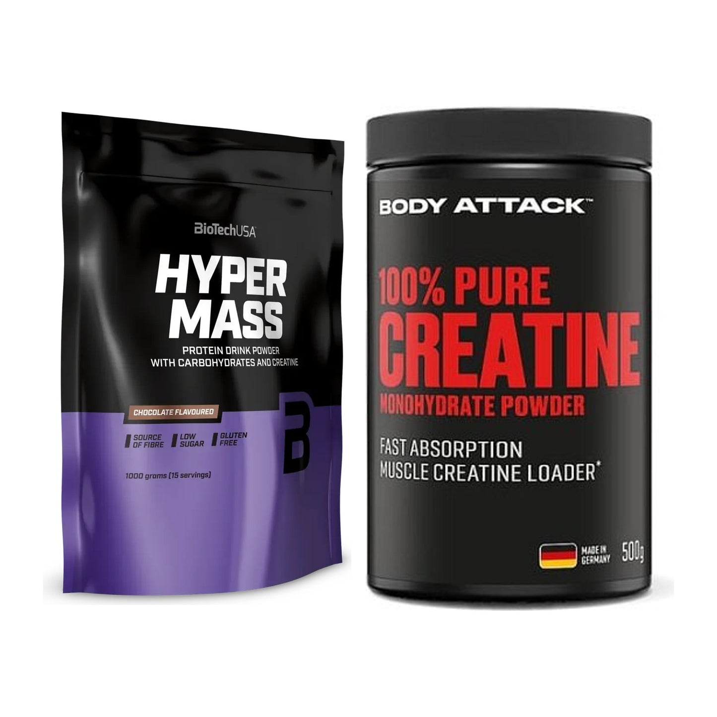 Masseaufbau-Set: BioTech Hyper Mass + Body Attack 100% Pure Creatine – alle enthaltenen Artikel