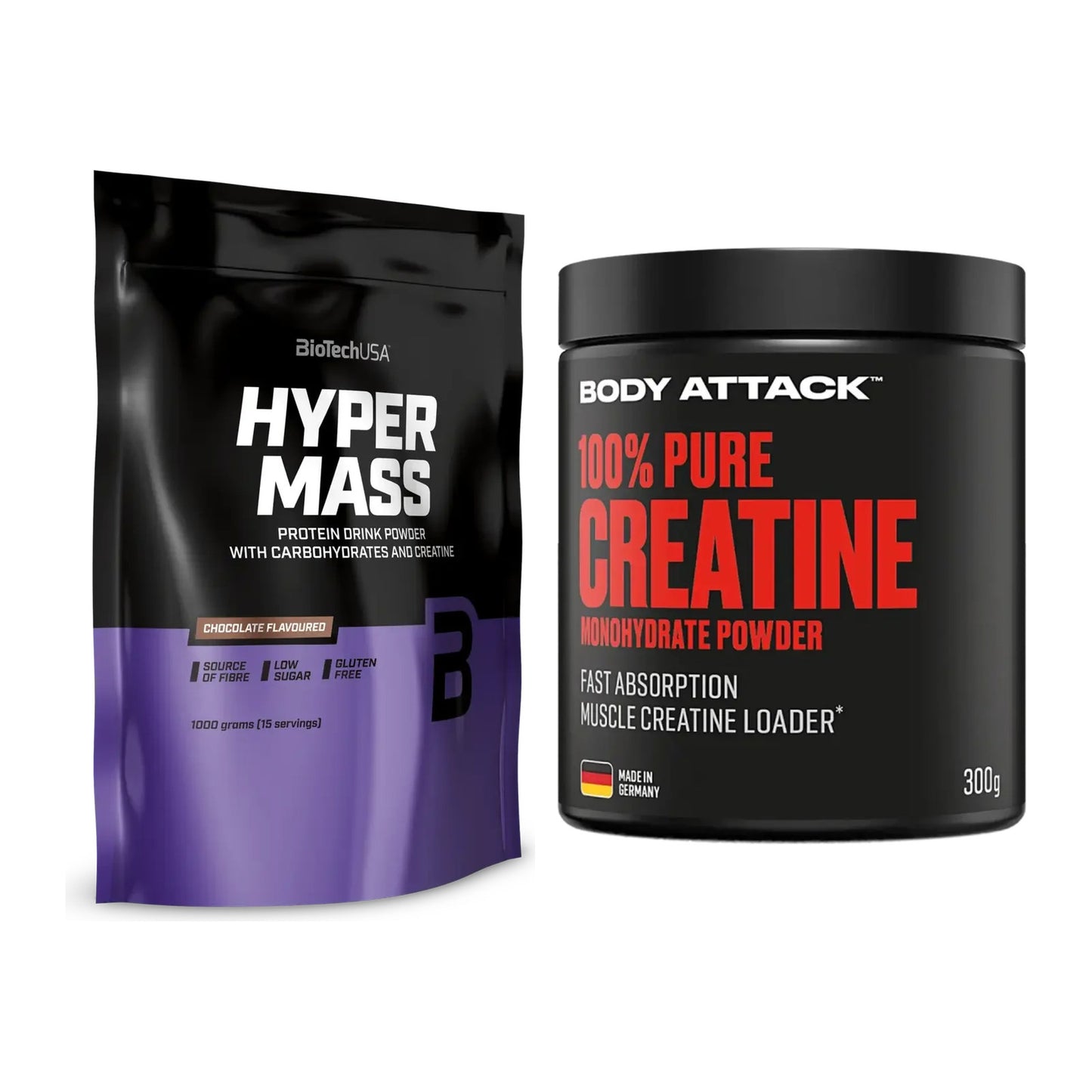 Masseaufbau-Set: BioTech Hyper Mass + Body Attack 100% Pure Creatine – alle enthaltenen Artikel