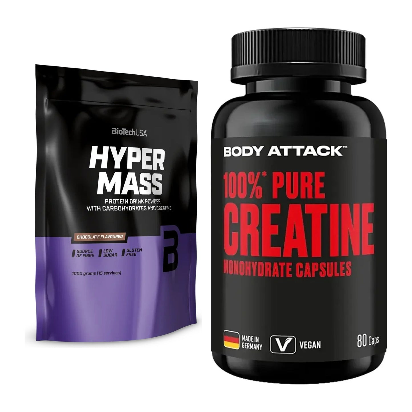 Masseaufbau-Set: BioTech Hyper Mass + Body Attack 100% Pure Creatine – alle enthaltenen Artikel