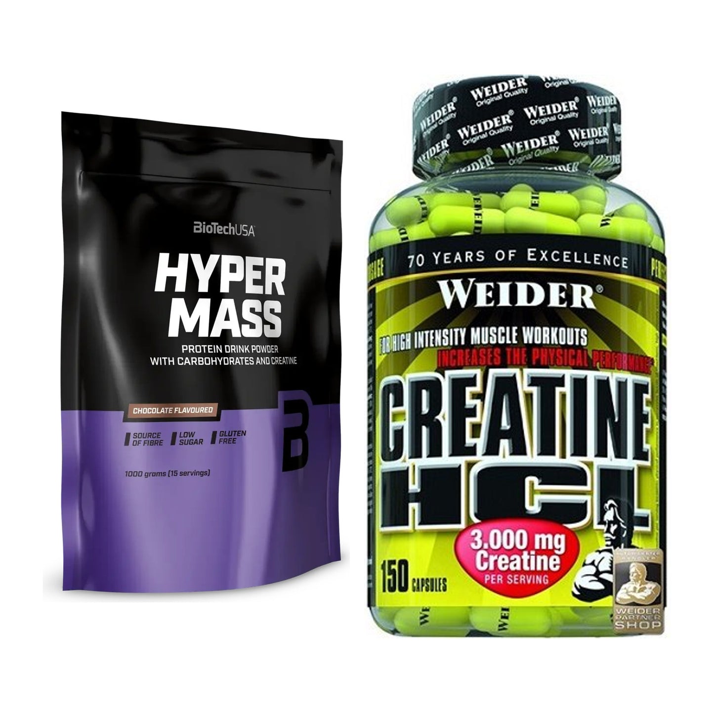 Masseaufbau-Set: BioTech Hyper Mass + Weider Creatin HCL – alle enthaltenen Artikel
