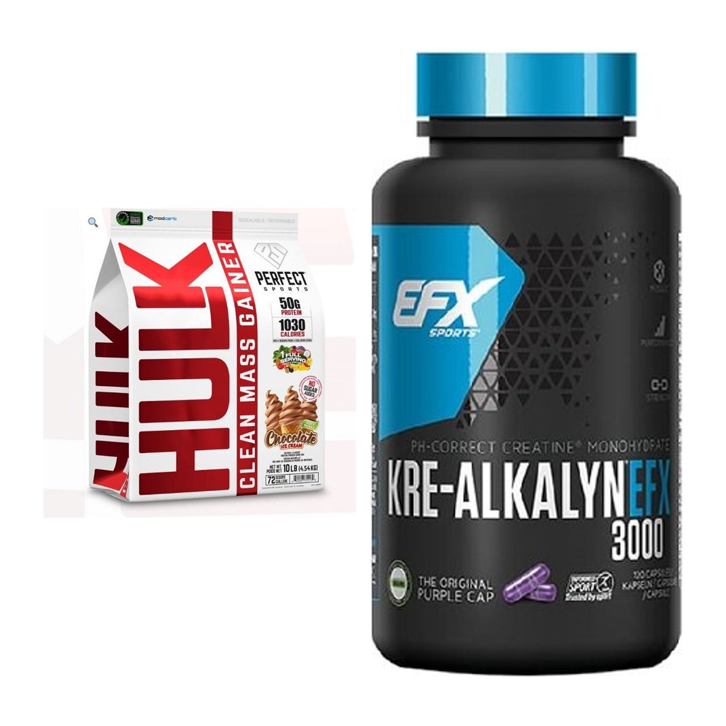 Masseaufbau-Set: Perfect Sports Hulk Clean Mass + EFX Kre-Alkalyn 3000 – alle enthaltenen Artikel