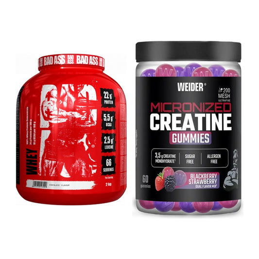 Masseaufbau-Set: BAD ASS Whey + Weider Micronized Creatine Gummies – alle enthaltenen Artikel