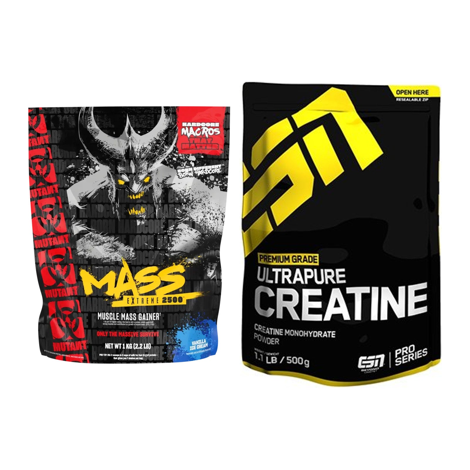 Masseaufbau-Set: Mutant Mass EXTREME 2500 + ESN Ultrapure Creatine – alle enthaltenen Artikel