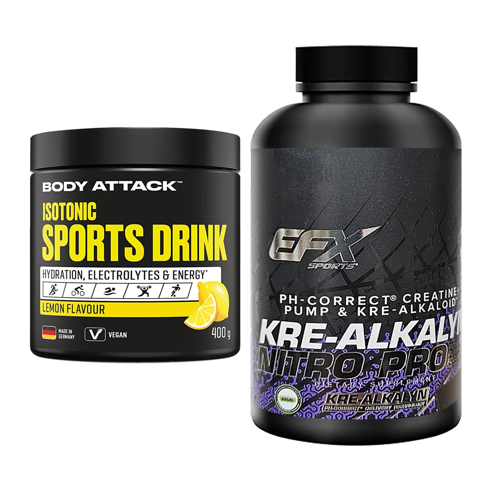 Masseaufbau-Set: Body Attack Isotonic + EFX Kre-Alkalyn Nitro PRO – alle enthaltenen Artikel