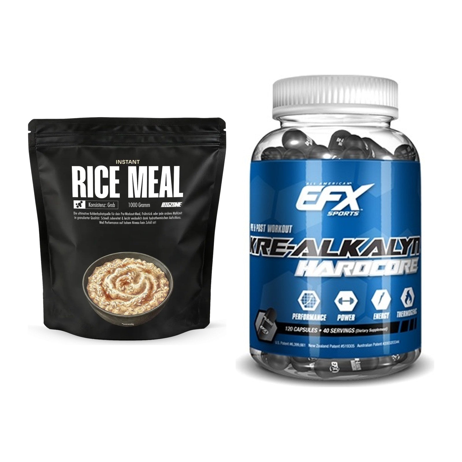 Masseaufbau-Set: Big Zone Instant Rice + EFX Kre-Alkalyn Hardcore – alle enthaltenen Artikel