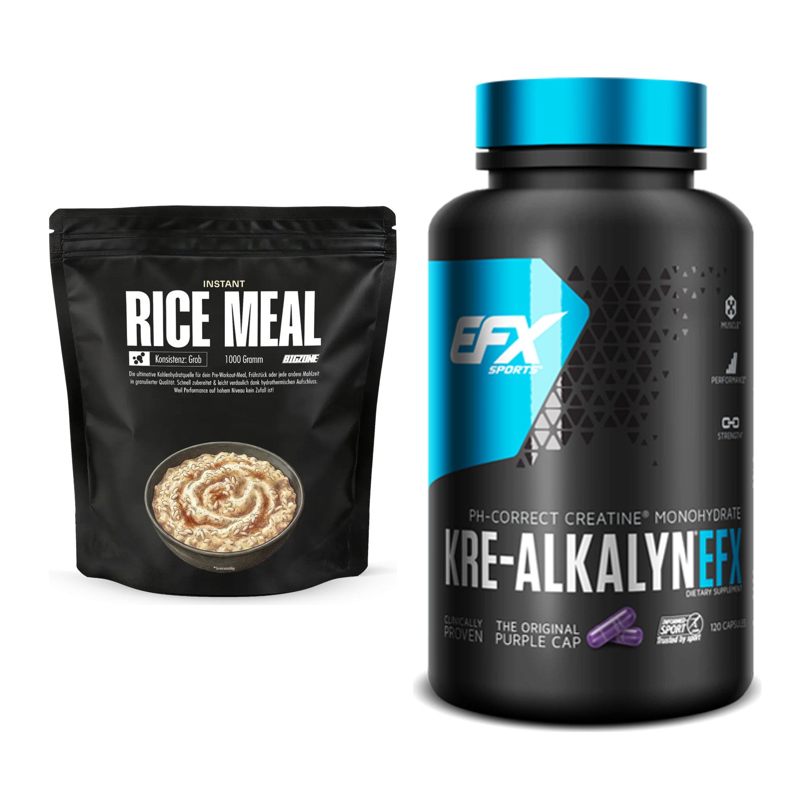 Masseaufbau-Set: Big Zone Instant Rice Meal (grob) + EFX Kre-Alkalyn – alle enthaltenen Artikel