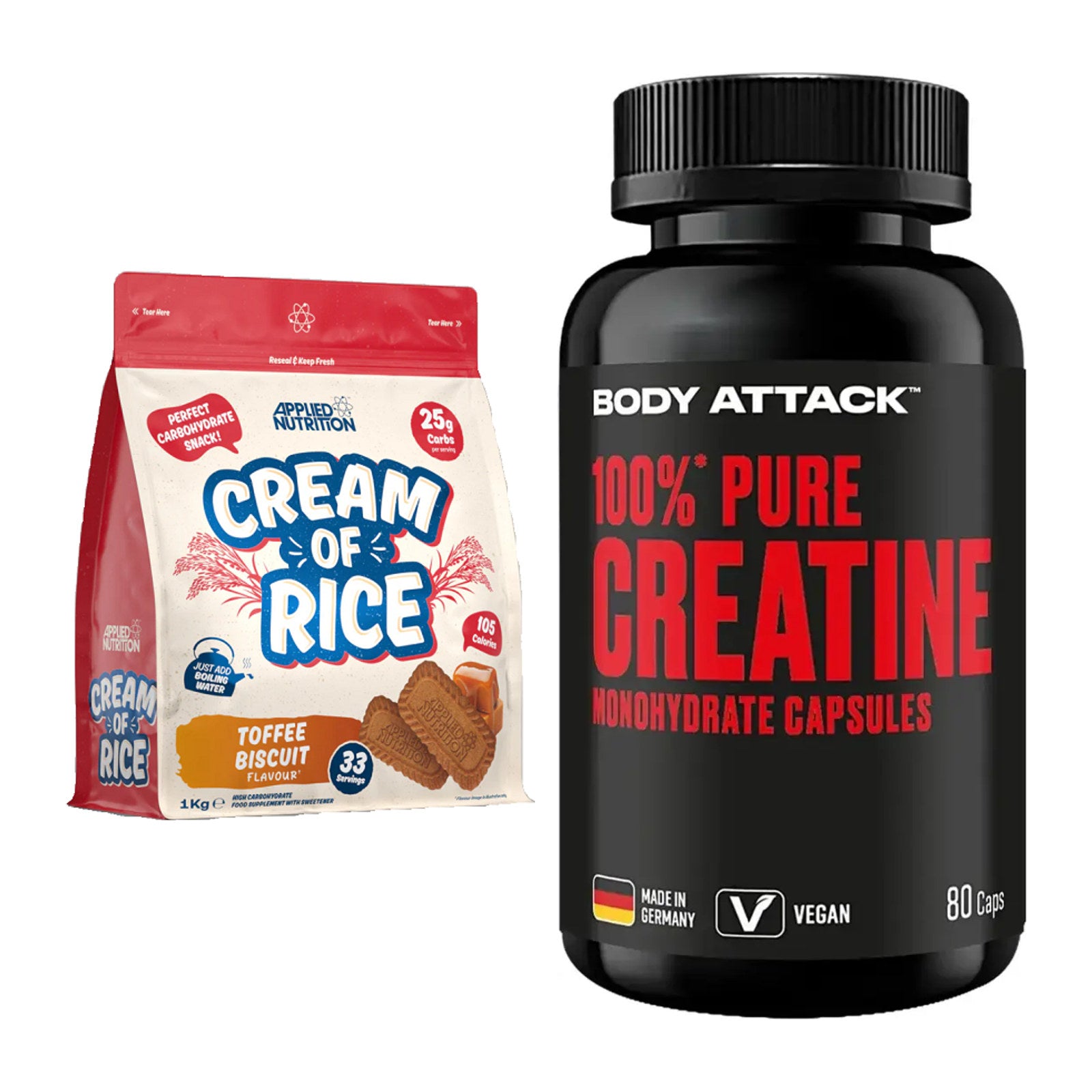 Masseaufbau-Set: Applied Nutrition Cream + Body Attack 100% Pure – alle enthaltenen Artikel