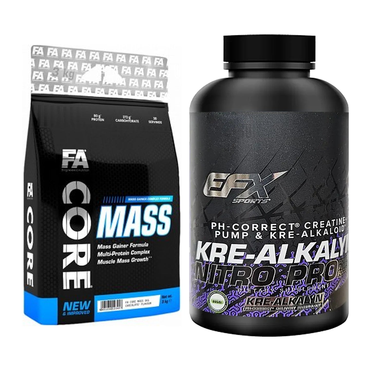 Masseaufbau-Set: FA Nutrition Core Mass + EFX Kre-Alkalyn Nitro PRO – alle enthaltenen Artikel