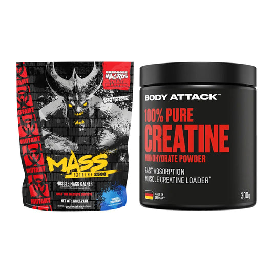 Masseaufbau-Set: Mutant Mass EXTREME 2500 + Body Attack 100% Pure – alle enthaltenen Artikel