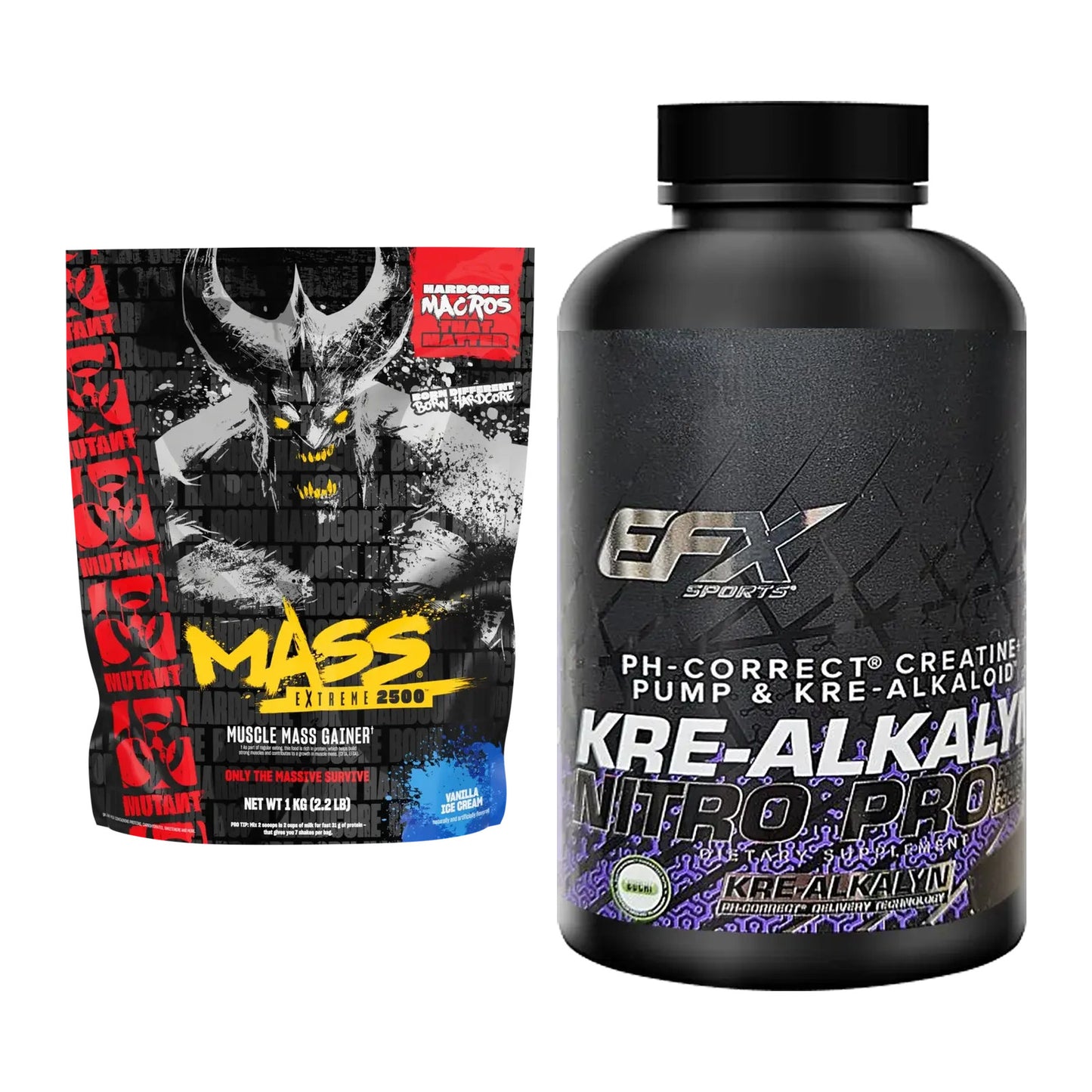 Masseaufbau-Set: Mutant Mass EXTREME 2500 + EFX Kre-Alkalyn PRO 120 – alle enthaltenen Artikel