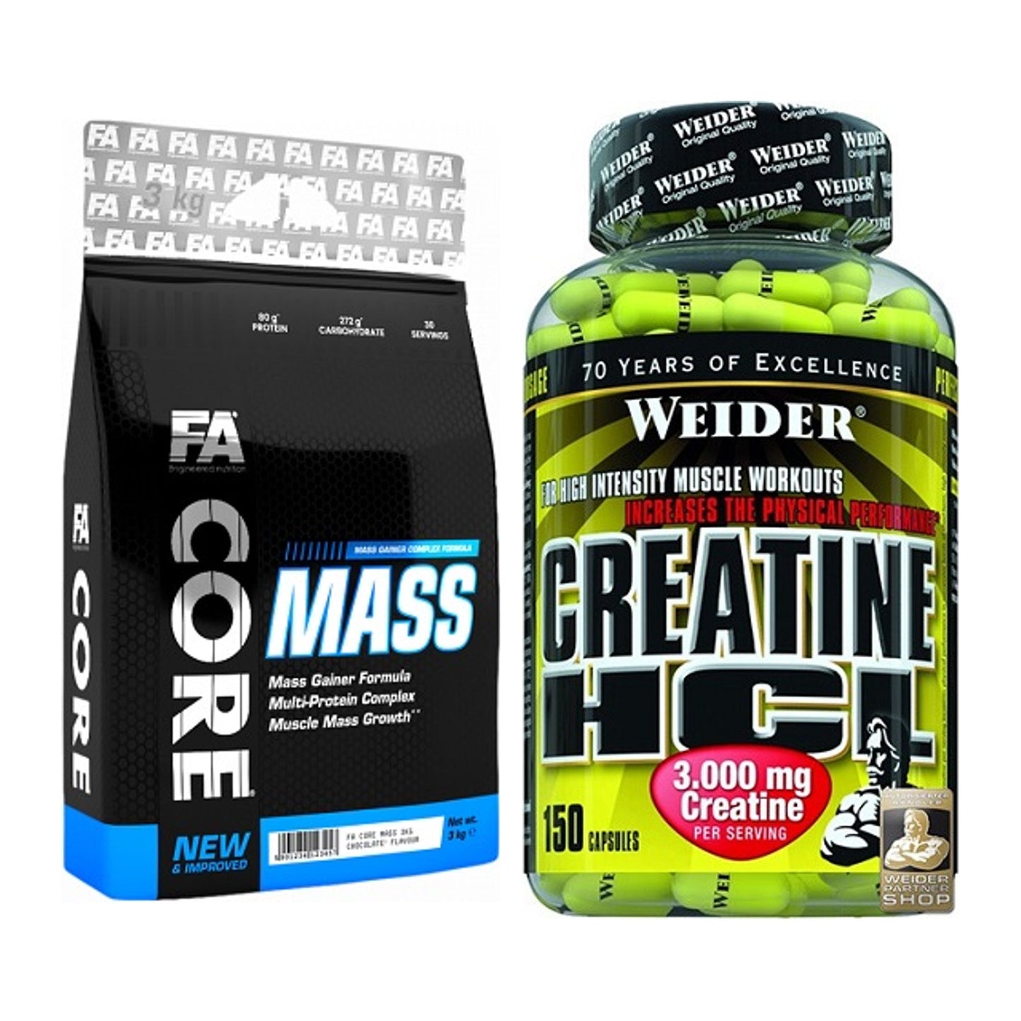 Masseaufbau-Set: FA Nutrition Core Mass + Weider Creatin HCL – alle enthaltenen Artikel