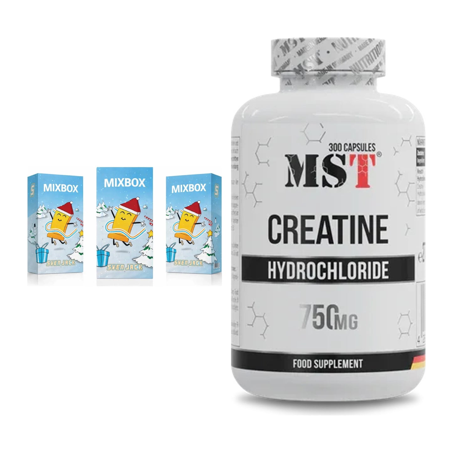 Masseaufbau-Set: Sven Jack MIXBOX 49x65g Fitness + MST Creatine HCL – alle enthaltenen Artikel