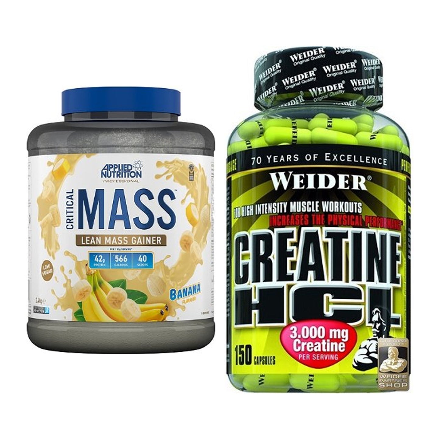 Masseaufbau-Set: Applied Critical Mass + Weider Creatin HCL – alle enthaltenen Artikel