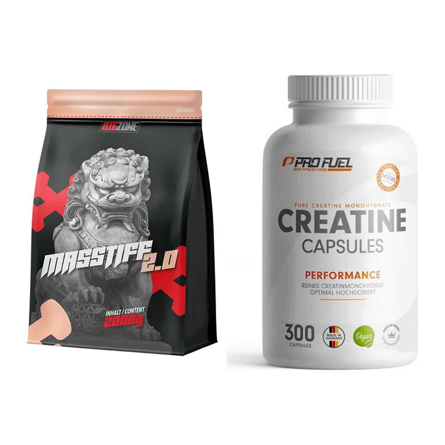 Masseaufbau-Set: Big Zone Masstiff 2.0 + ProFuel Creatine Monohydrate – alle enthaltenen Artikel
