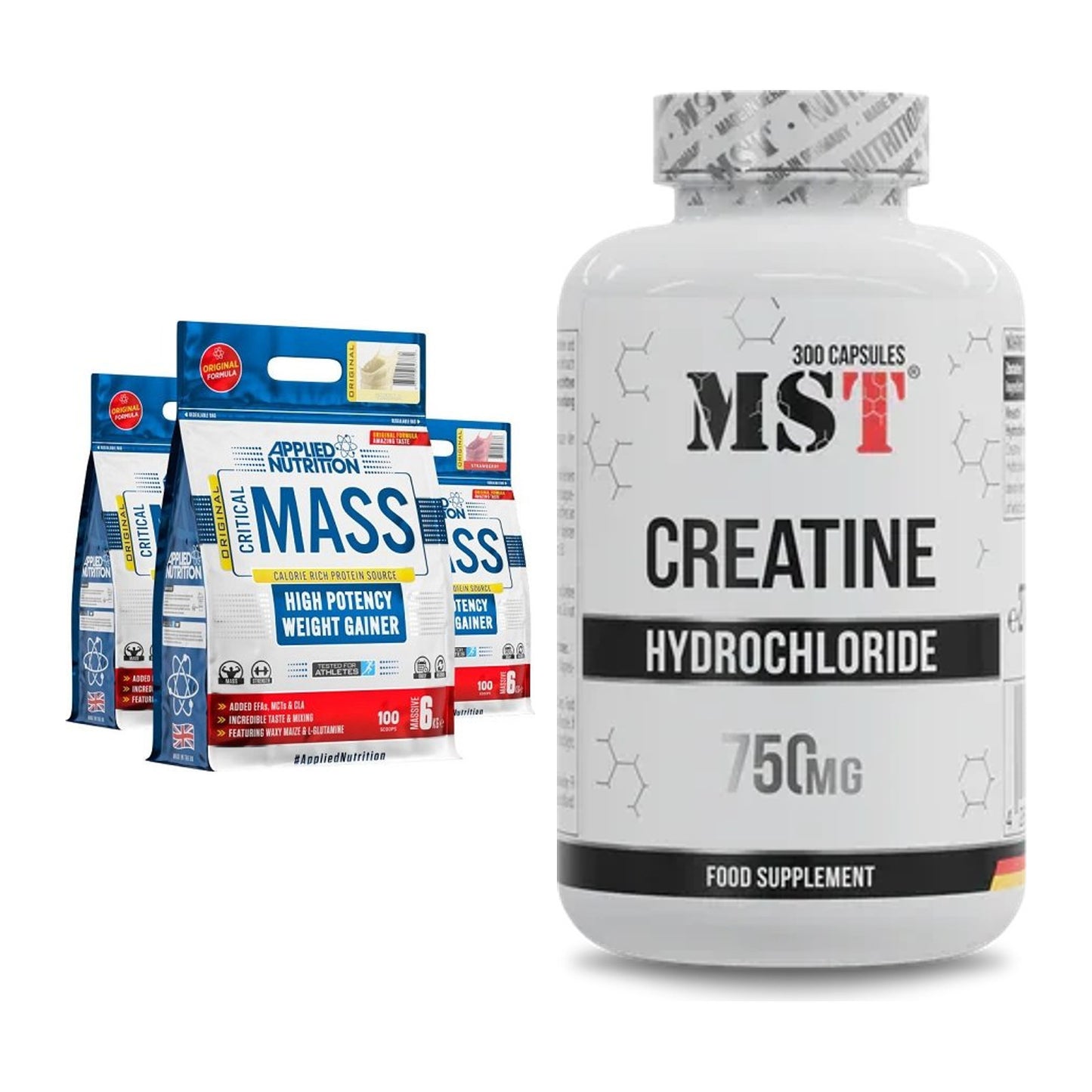 Masseaufbau-Set: Applied Nutrition Critical Mass + MST Creatine HCL – alle enthaltenen Artikel