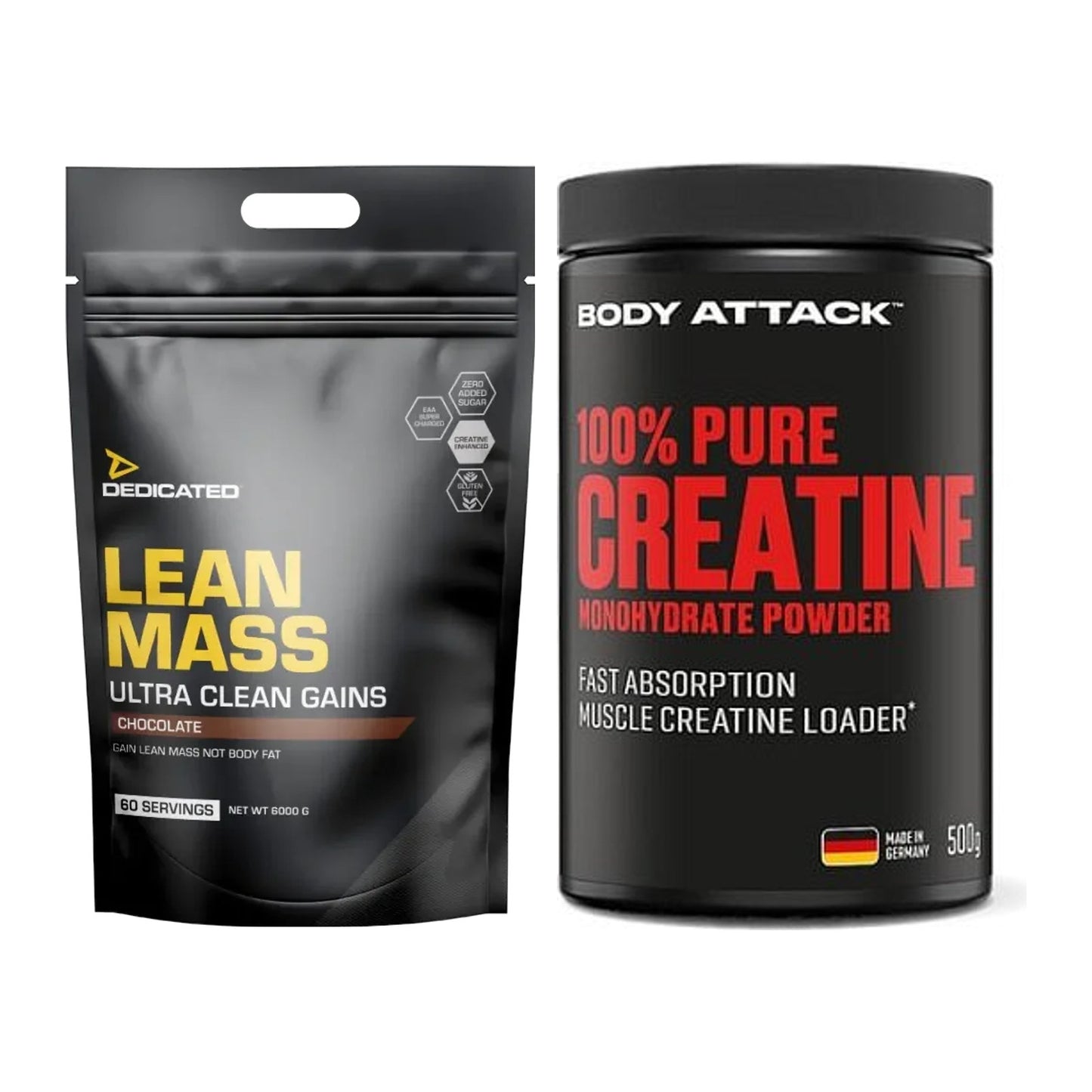 Masseaufbau-Set: Dedicated Lean Mass + Body Attack 100% Pure – alle enthaltenen Artikel