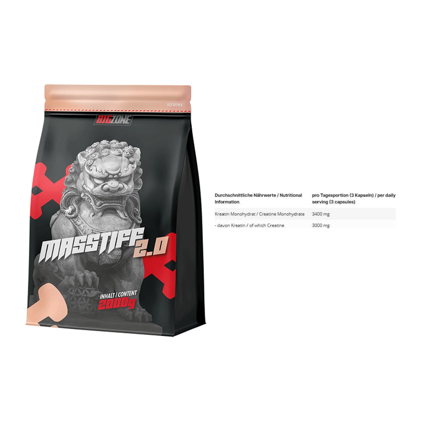 Masseaufbau-Set: Big Zone Masstiff 2.0 + INLEAD Creatine Monohydrate – alle enthaltenen Artikel