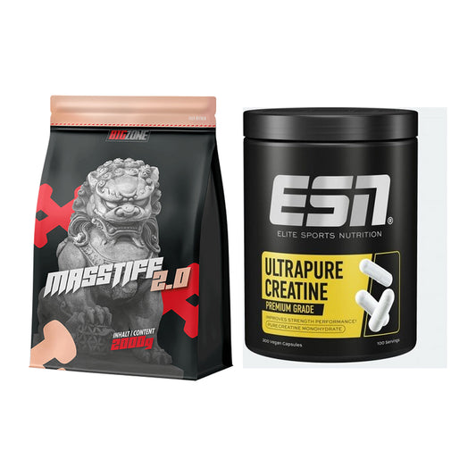 Massebyggesett: Big Zone Masstiff 2.0 + ESN Ultrapure Creatine - alle varer inkludert