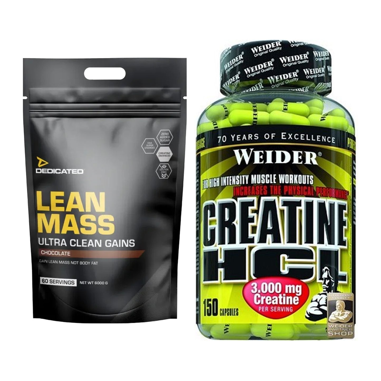 Masseaufbau-Set: Dedicated Lean Mass Gainer + Weider Creatin HCL – alle enthaltenen Artikel