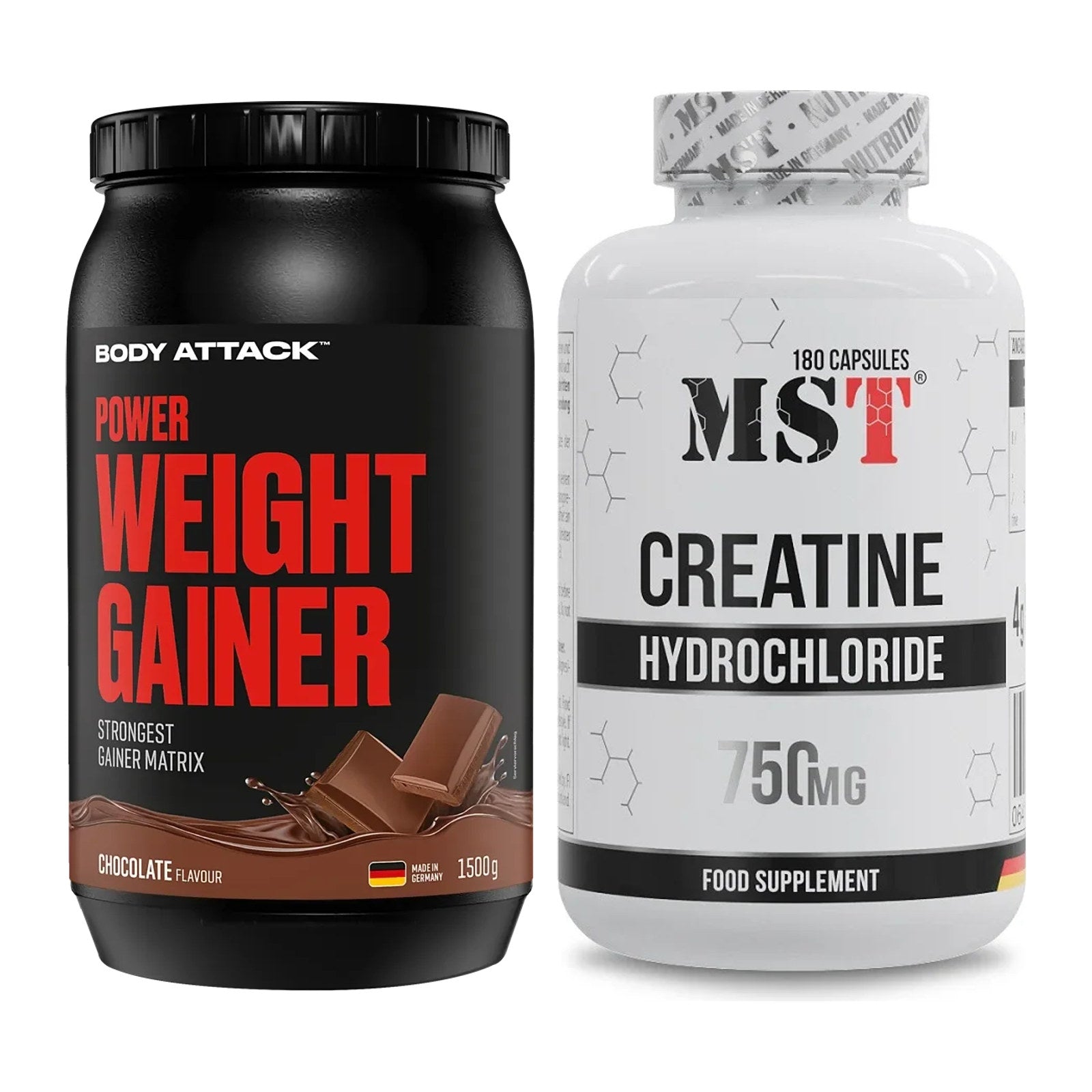 Masseaufbau-Set: Body Attack Power Weight Gainer + MST Creatine HCL – alle enthaltenen Artikel