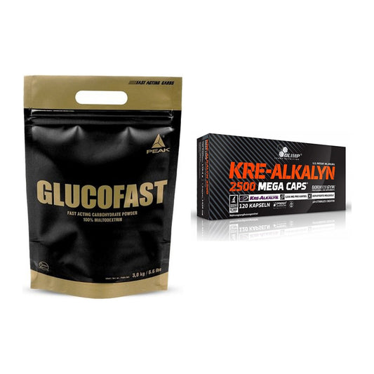 Mass Building Kit: Peak Glucofast + Olimp Kre Alkalyn 2500 - alla föremål ingår