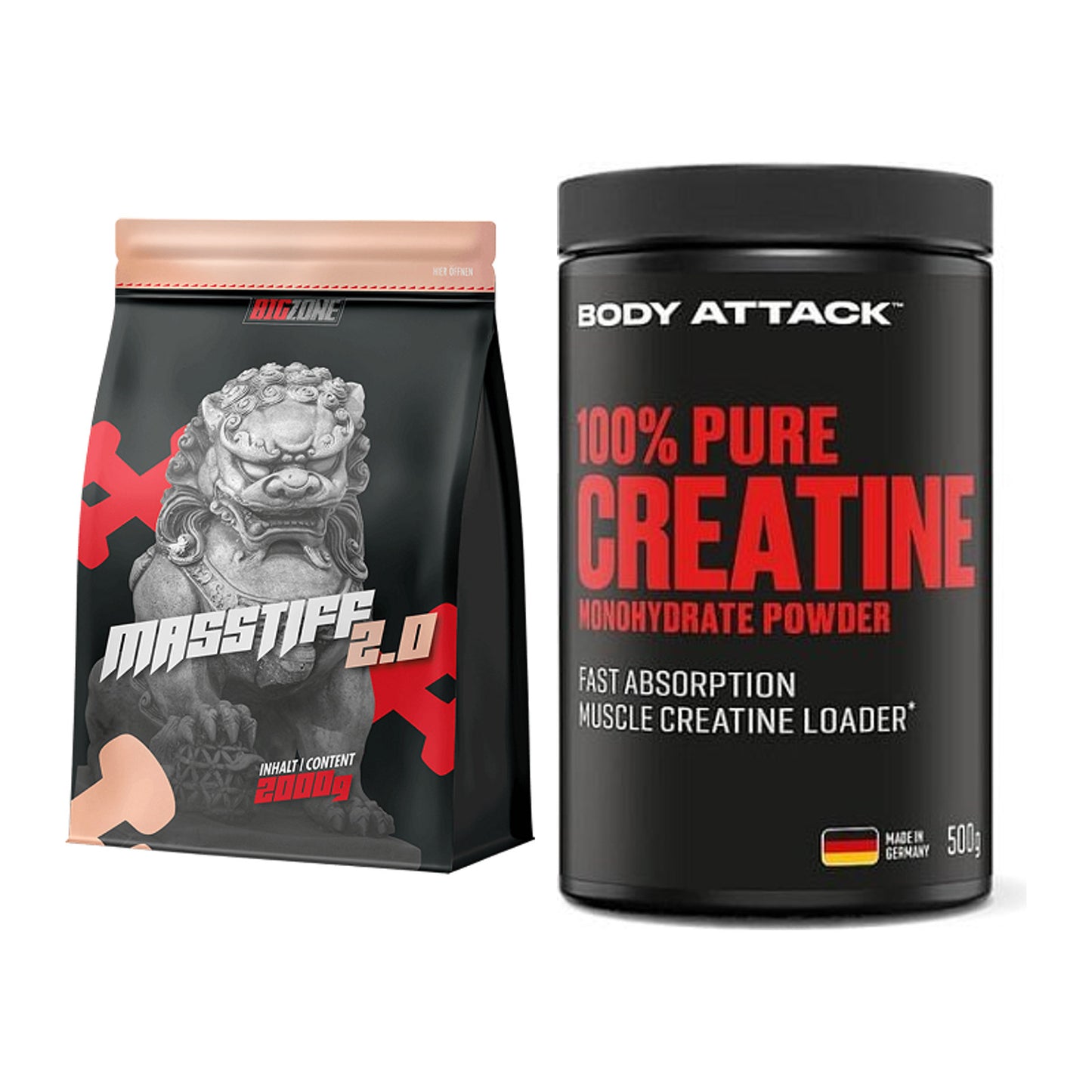 Masseaufbau-Set: Big Zone Masstiff 2.0 + Body Attack 100% Pure – alle enthaltenen Artikel