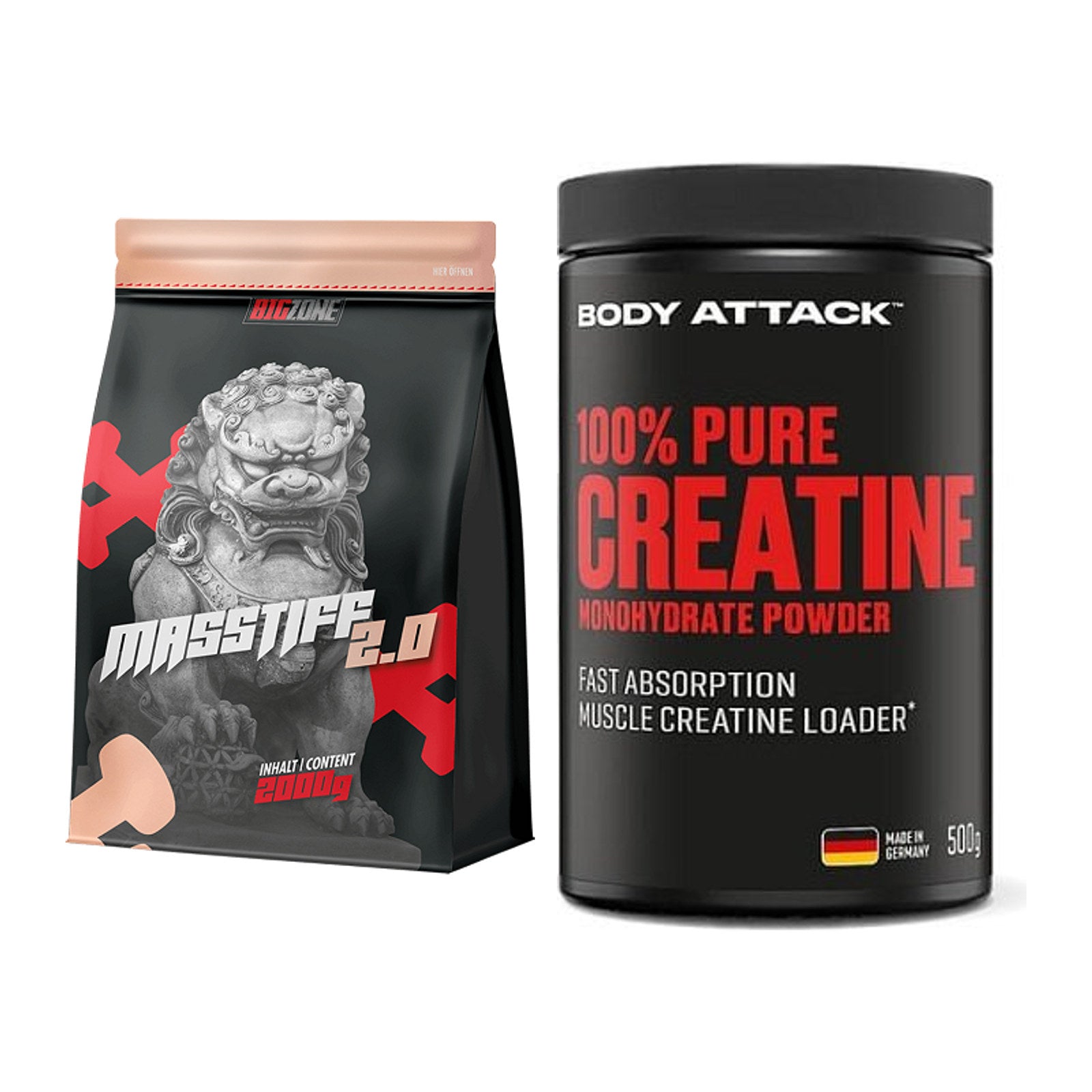 Masseaufbau-Set: Big Zone Masstiff 2.0 + Body Attack 100% Pure – alle enthaltenen Artikel