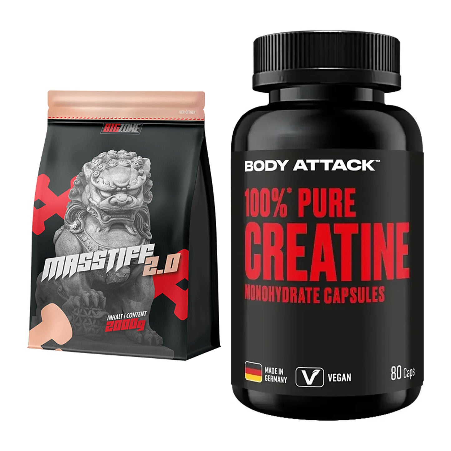Masseaufbau-Set: Big Zone Masstiff 2.0 + Body Attack 100% Pure – alle enthaltenen Artikel
