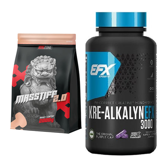 Masseaufbau-Set: Big Zone Masstiff 2.0 + EFX Kre-Alkalyn 3000 – alle enthaltenen Artikel