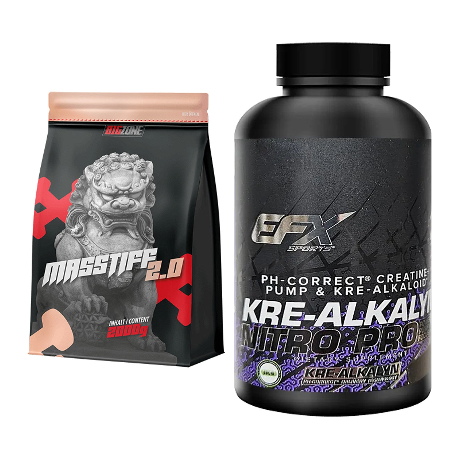 Masseaufbau-Set: Big Zone Masstiff 2.0 + EFX Kre-Alkalyn Nitro PRO – alle enthaltenen Artikel