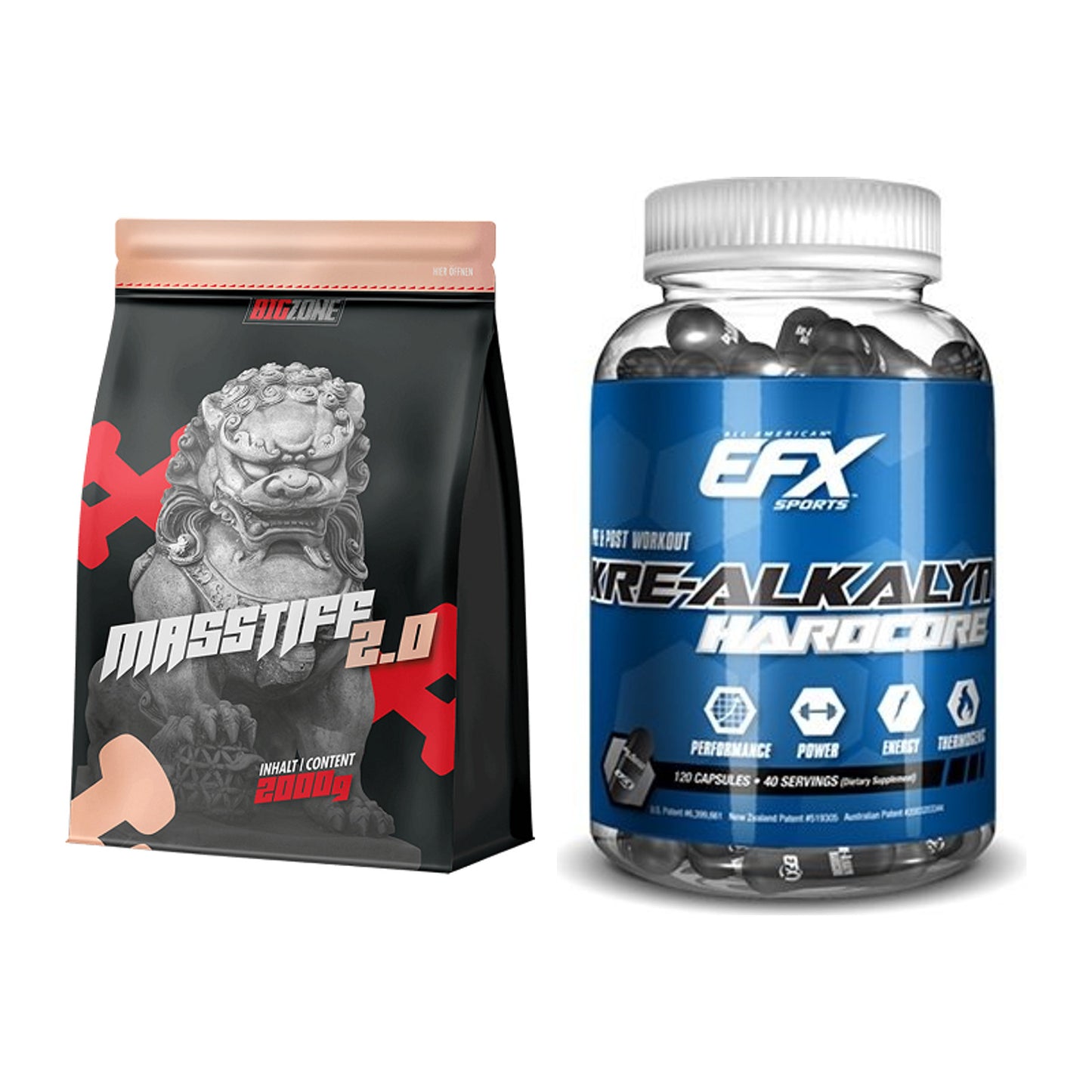 Masseaufbau-Set: Big Zone Masstiff 2.0 + EFX Kre-Alkalyn Hardcore – alle enthaltenen Artikel